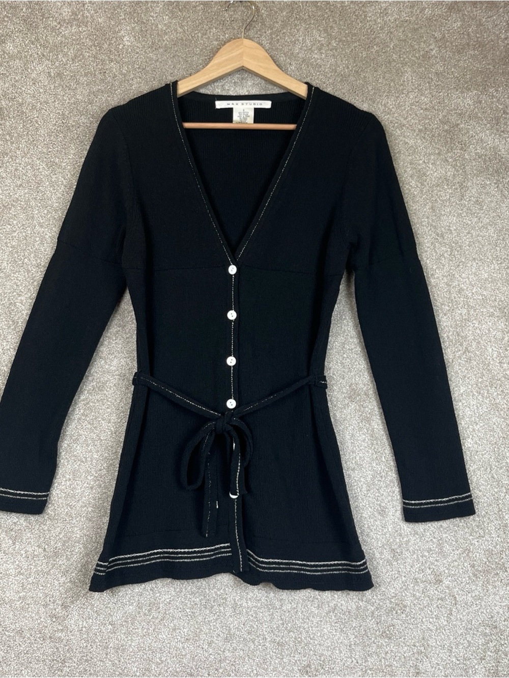 Max Studio Cardigan Womens Small Black Belted Cotton Blend Button Front- 4757